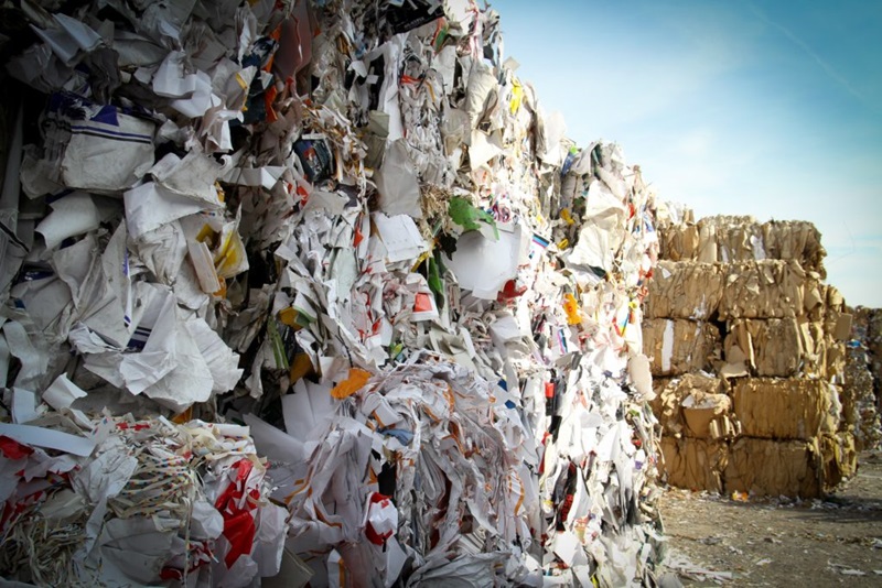 Picture of bundles of recycled paper. The roadmap recommends reducing single-use paper.