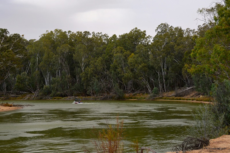 A small motor boat on a river bend