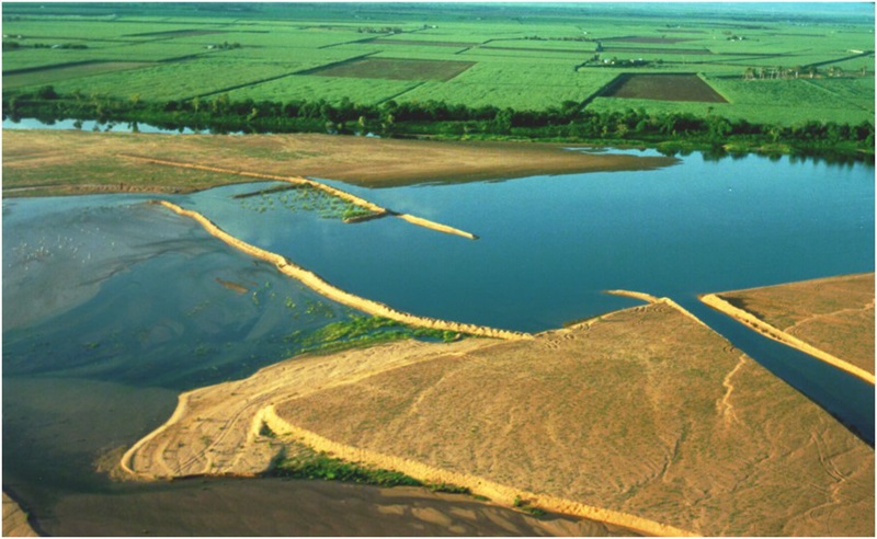 aerial view of dammed underground water and agricultural land