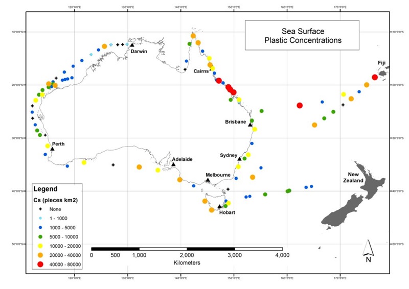 Map of Australia with coloured dots indicating places with high concentrations of plastic