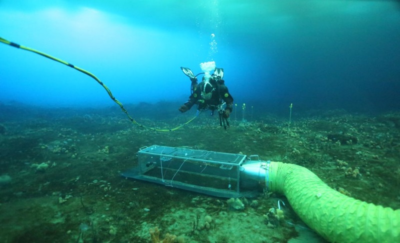 In summer 2015, the Australian Antarctic Division carried out the first free ocean carbon enrichment experiment in the Antarctic under permanent ice near Casey Base. CO2-enriched seawater with varying levels of dissolved CO2 is pumped from the surface into plexiglas chambers positioned on the seafloor to measure the impact on the seafloor flora and fauna