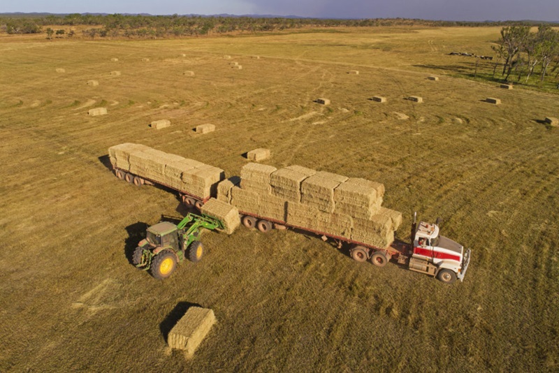 An aerial photo of a hay truck