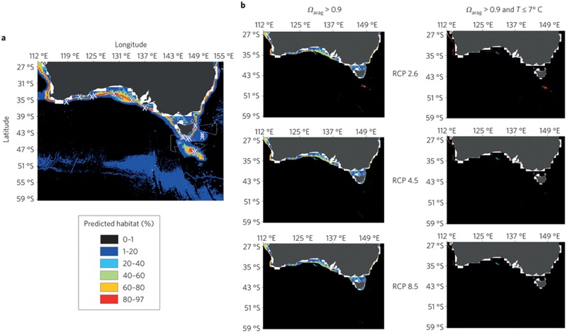 Habitat suitability in southern Australia in 2099, predicted for various climate scenarios. Image: Thresher et al., 2015/Nature Climate Change