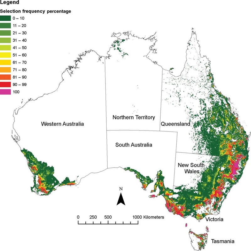 Map of Australia with areas of colours in southeast Australian and southwest Australia