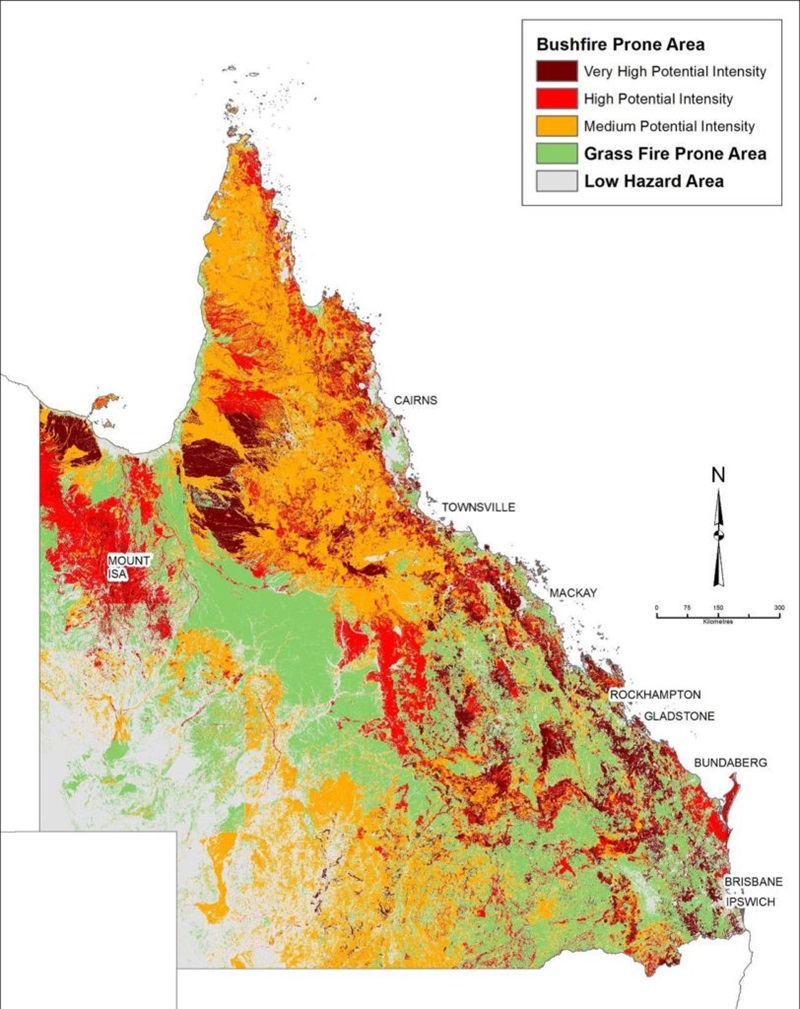 Map of Queensland showing fireprone areas