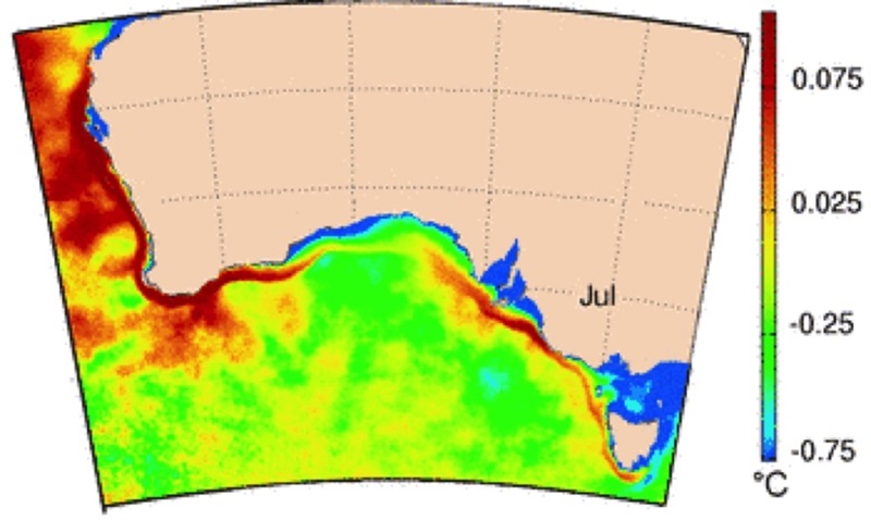 Satellite map of south west Australian coast with red colouring off the western coast, green and yellow colours elsewhere