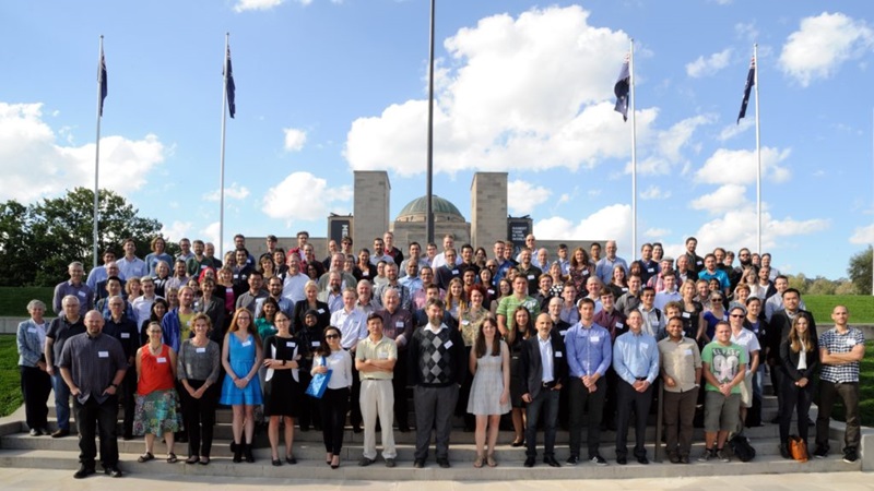 160 people who attended the The Cutting Edge Symposium on Synthetic Biology are pictured on the steps of the Australian War Memorial. The event was held in Canberra on 4–5 April 2016. 