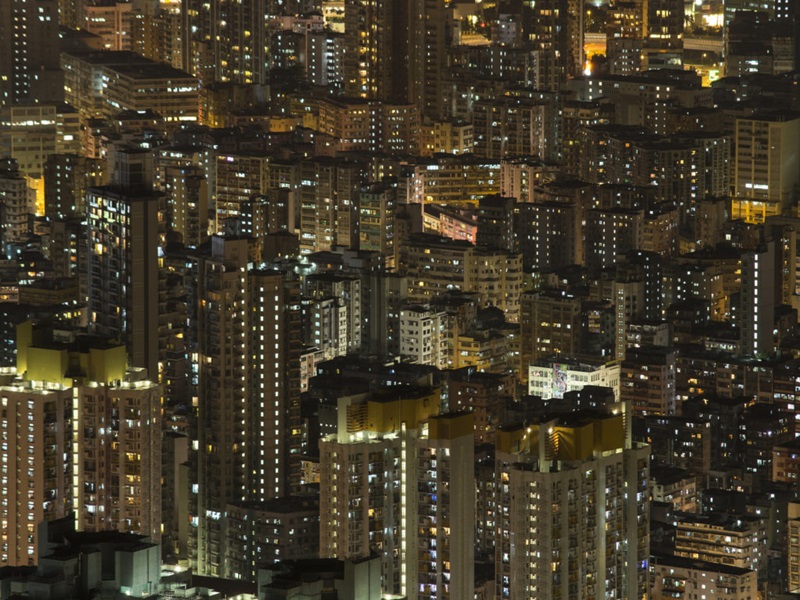 Dense city skyscrapers at night