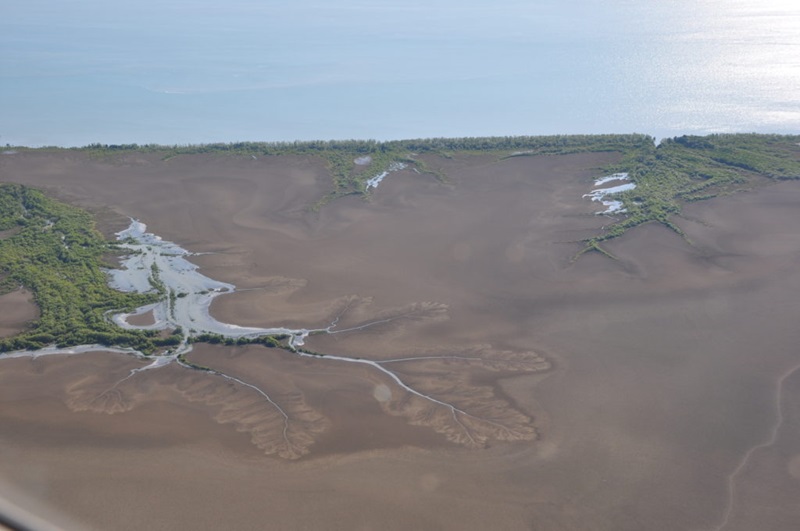 aerial of coastal floodplain meeting the sea