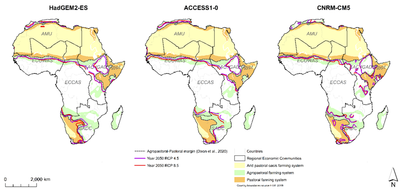 Three maps of Africa depicting agricultural-pastoral margins