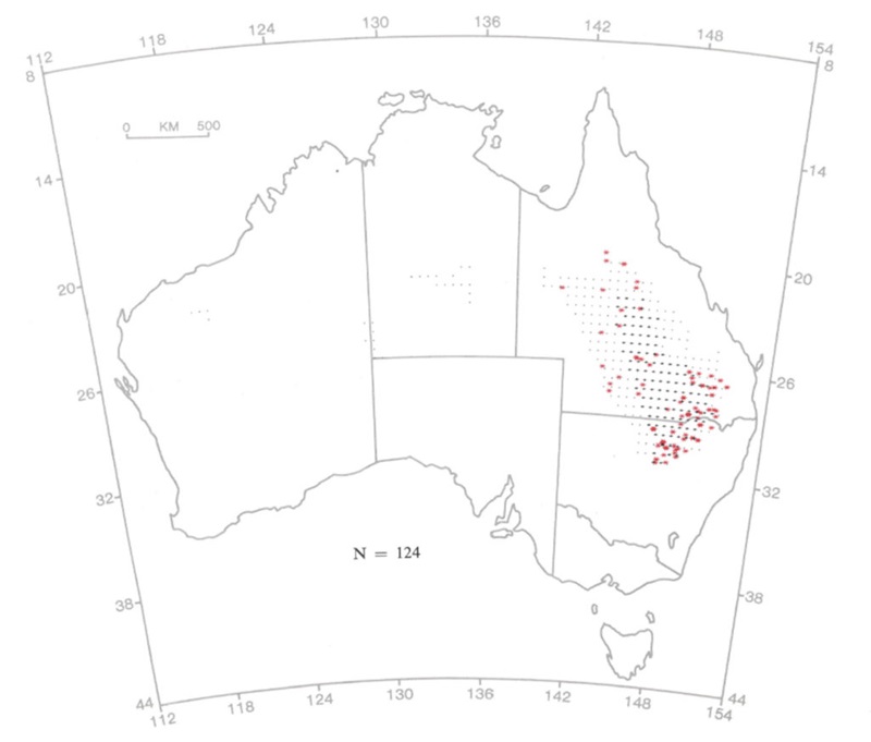 BIOCLIM map created in 1986 using data for De Vis’ banded snake (Denisonia devisi). Red stars indicate 124 observed occurrence locations. The + symbols indicate core locations and the . symbols indicate marginal locations according to the BIOC IM analysis.