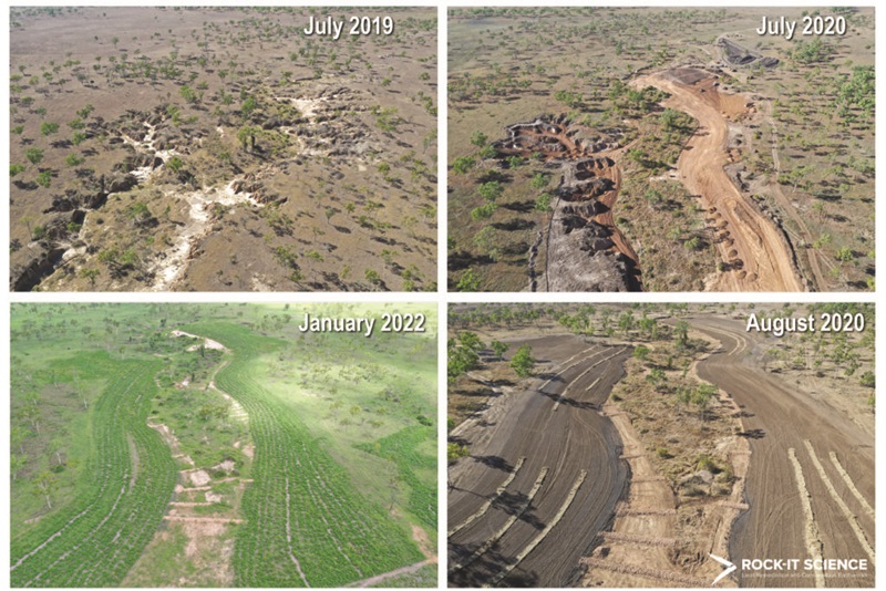Timeline of Gully remediation in the Burdekin catchment, clockwise from top left. A: the scarp height varied from 2m up to more than 4m. B: Topsoil was stockpiled, and tunnel erosion was excavated. The gully landform was reshaped C: The finished landform surface was capped with crushed gravel, fertile soil, compost and grass seed. Rock check dams were installed to control runoff. D: Ground cover is now protecting the soil surface. Photographs by Damon Telfer