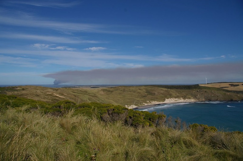 smoke plumes in the distance with a tussocky peninsula in foreground