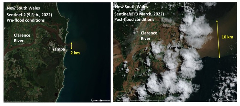Earth Observation images show the mouth of the Clarence River before the flood on February 9 (left) and after, on March 3, with a sediment plume calculated to be 10km extending well off the coast into the Tasman Sea. Credit: European Union. Modified data from Copernicus Sentinel-2, processed with the Sentinel Hub EO Browser.