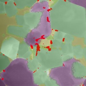 A close-up look at the baked minerals, showing olivine (yellow), periclase (purple), spinel (green) and a new uranium mineral (red). Image width is about 1/25th of that of a human hair. Grant Douglas, Author provided.