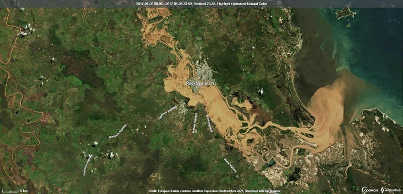 A satellite image of sediment plumes flowing into Keppel Bay, Queensland, following flooding in 2017. Image: European Union. Modified data from Copernicus Sentinel-2, processed with the Sentinel Hub EO Browser.