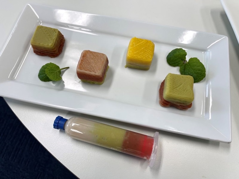 Prototype 3D printed foods on a plate