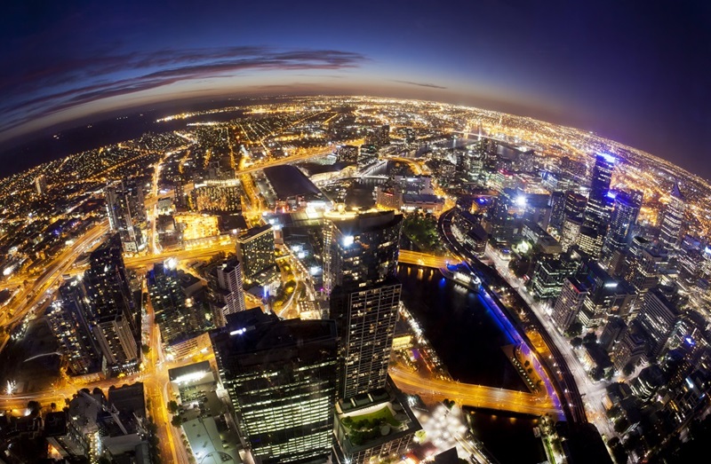 Melbourne at night, fisheye view