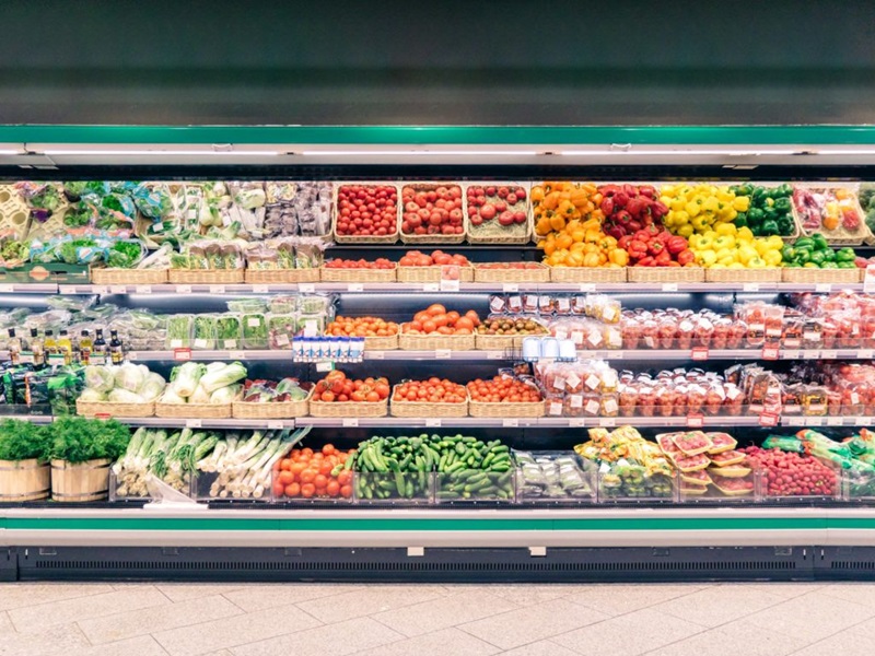 Supermarket shelves in fresh produce section