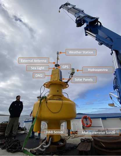 One of the buoys deployed in an AquaWatch pilot project with an array of sensors onboard. Image: CSIRO, Xiubin Qi