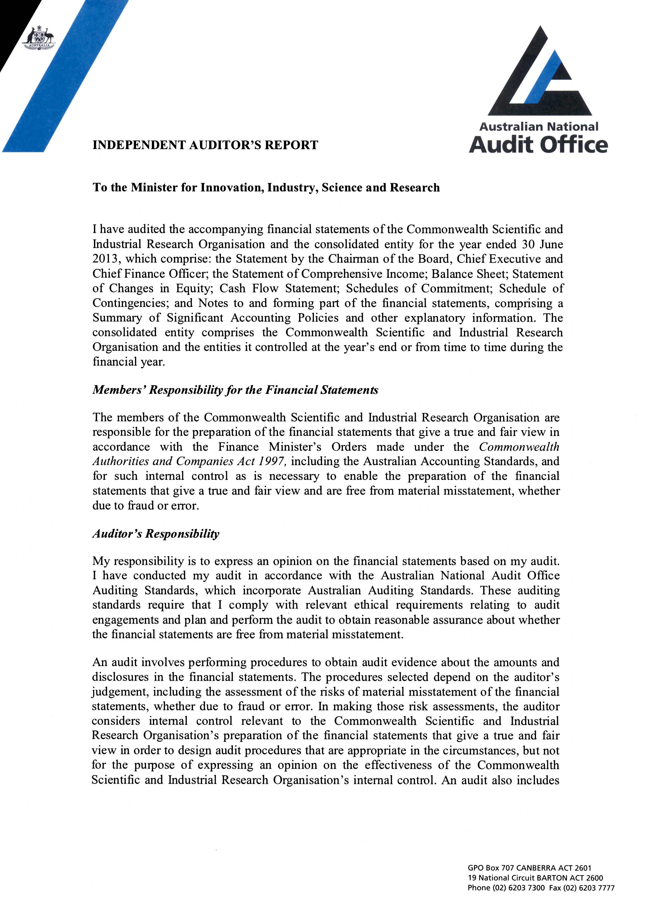 Screen capture of Independent Auditor's report for CSIRO 2012-13 financial statements page 1