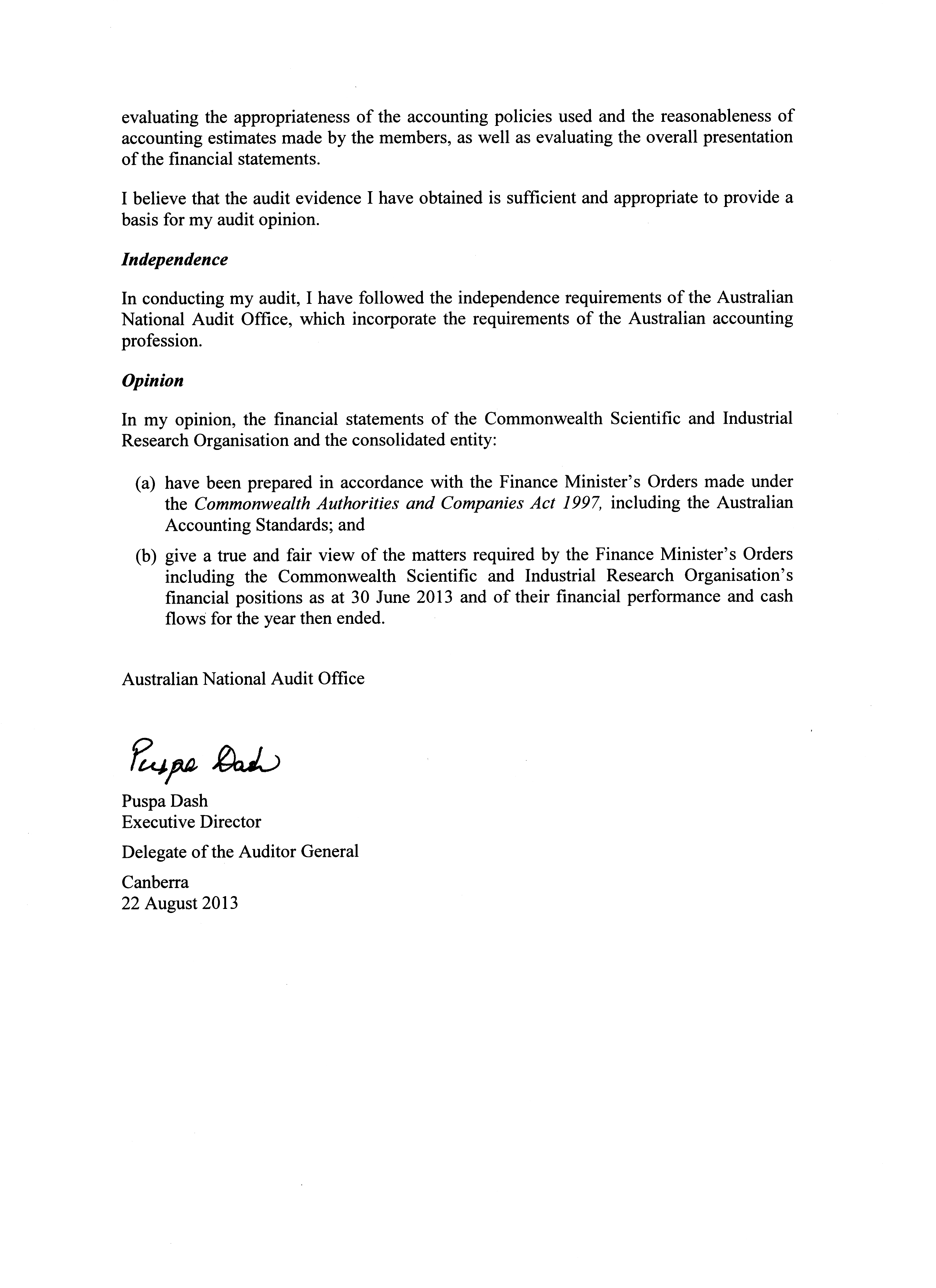Screen capture of Independent Auditor's report for CSIRO 2012-13 financial statements page 2