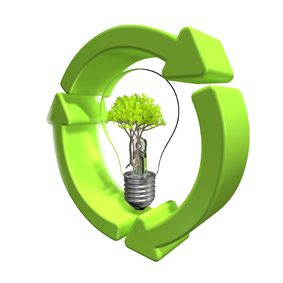 Three green arrows circling a light bulb with a tree in it.