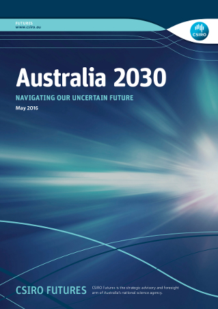 Cover of Australia 2030 report. Subtitle reads "Navigating our uncertain future"