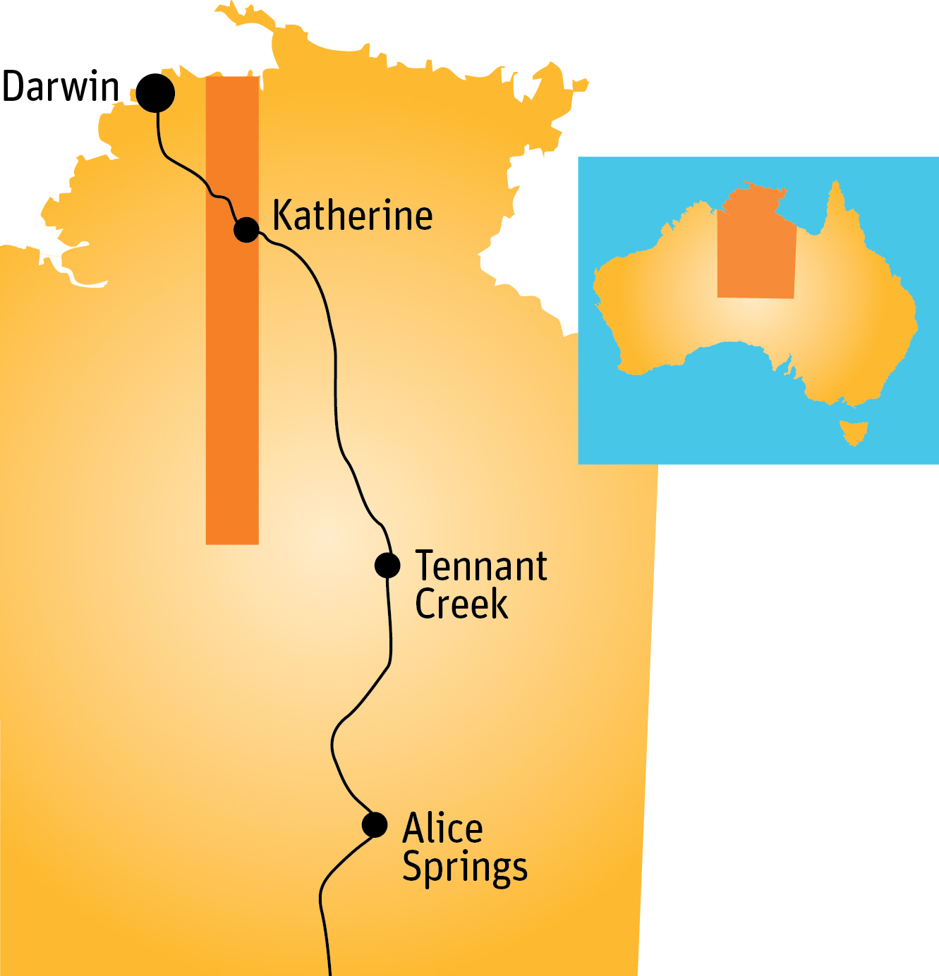 Map of the northern territory showing a transect line extending from about Darwin in the north down to about level with Tennant Creek in the south