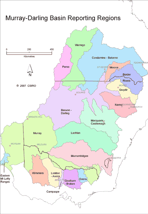 Map showing the Murray-Darling Basin and the 18 regions it was divided into as part of the project