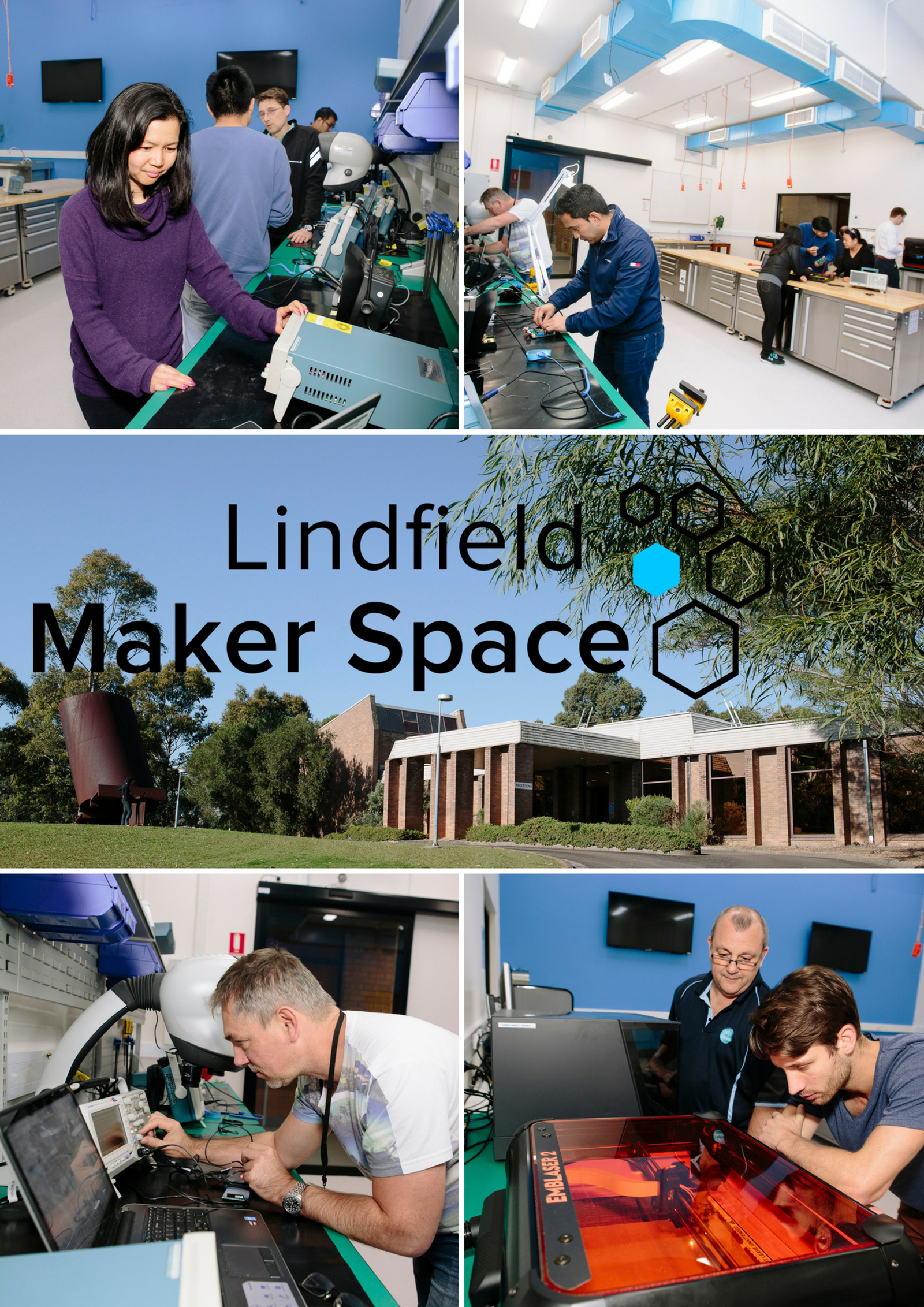 Lindfield Maker Space. Various images of people working in the facility.
