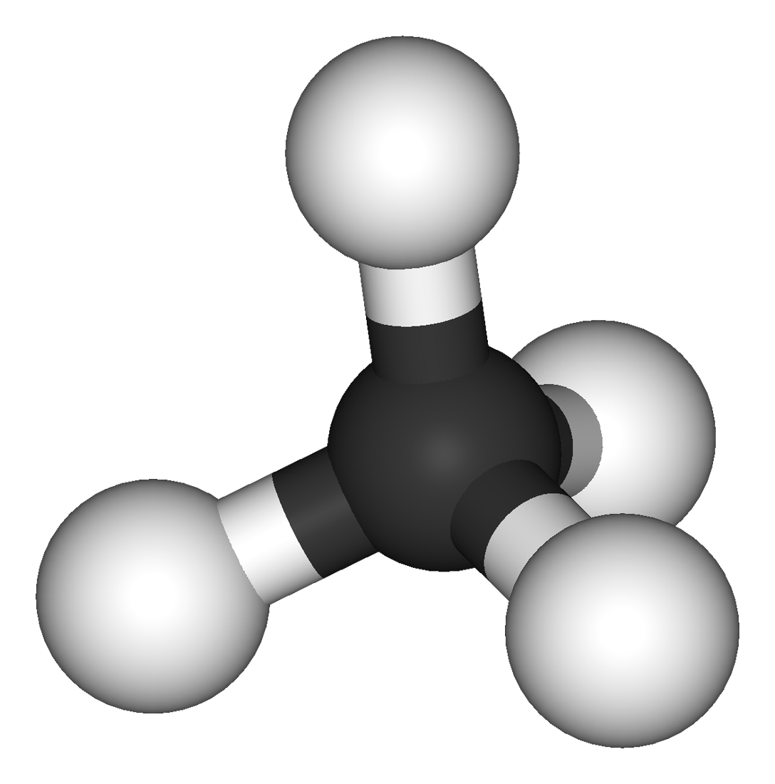 Model of a methane molecule: one carbon atom surrounded by four hydrogen atoms.