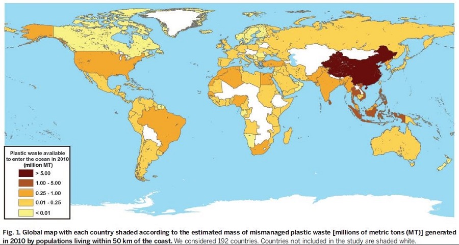 A map of the world with each country shaded according to the estimated mass of mismanaged plastic waste generated in 2010 by populations living within 50 km of the coast