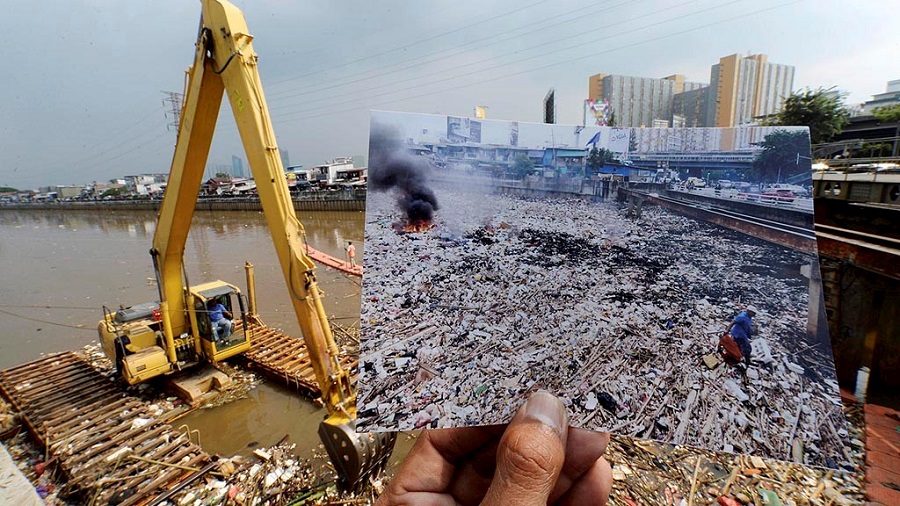 A before and after shot of marine pollution in a waterway