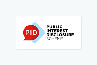 PID logo - white letters, red speech bubble, blue arrow, words Public Interest Disclosure Scheme