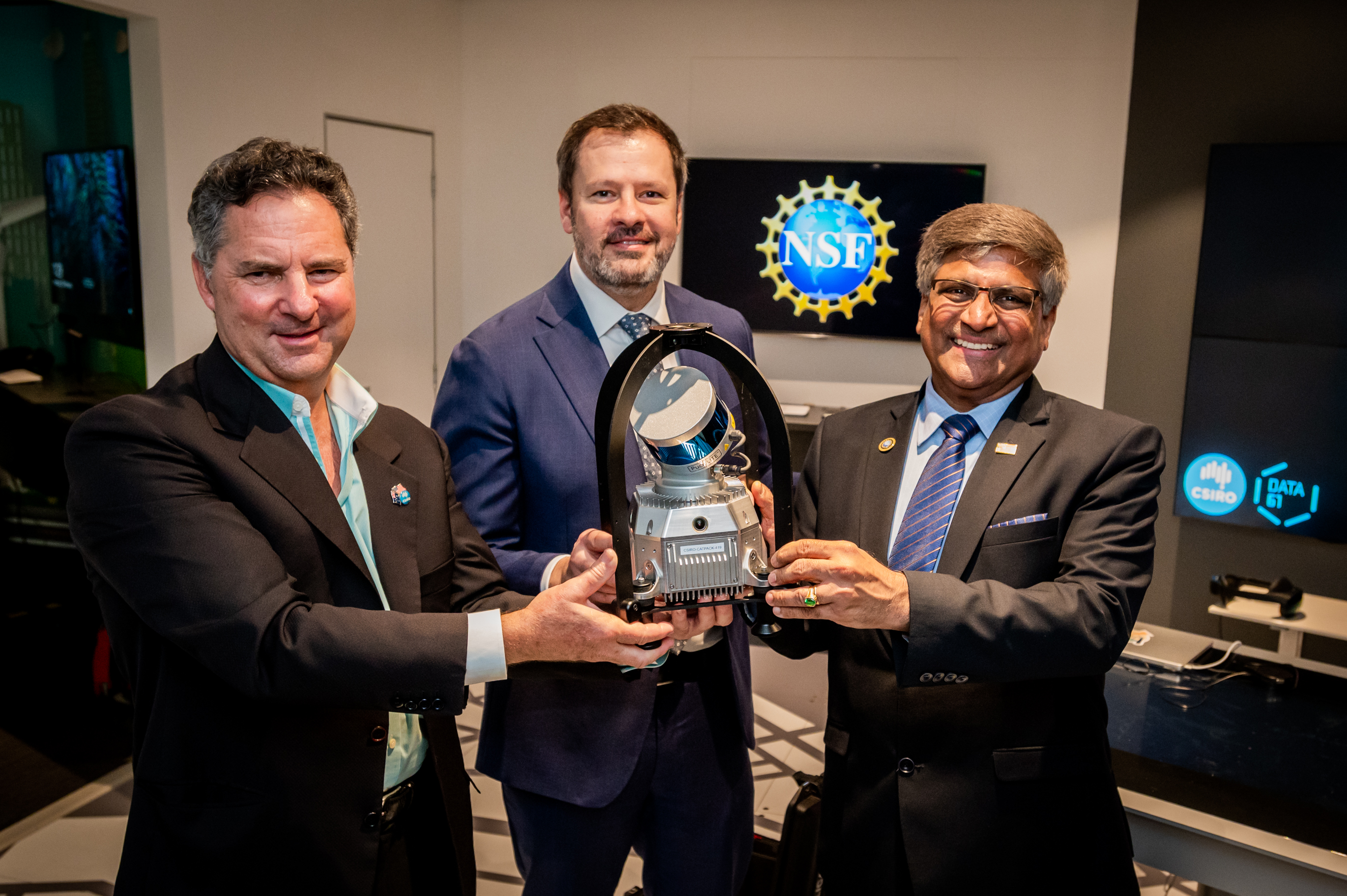 Former CSIRO CEO Larry Marshall with Science Minister Ed Husic and NSF Director Sethuraman Panchanathan