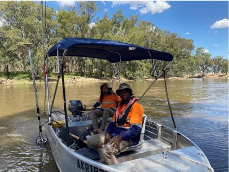 Researchers used sonar equipment from boats to collect accurate information about cross sections of the river network (known as river bathymetry). This informs the hydrodynamic modelling. This image, from geospatial experts AAM, pictures AAM personnel using sonar equipment on the water.