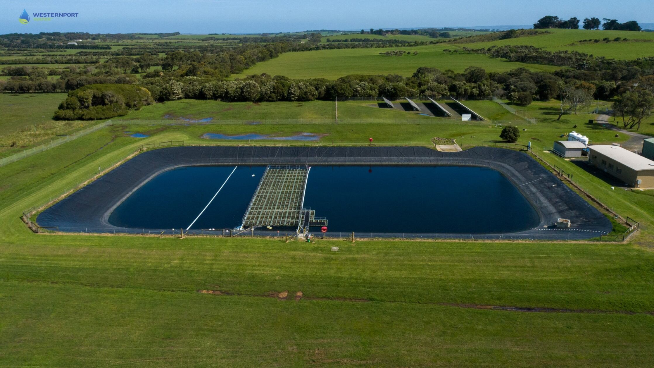 A floating wetland stretching across the Cowes Wastewater Treatment Plant in Victoria. class=