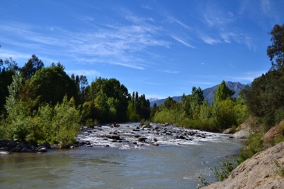 A flowing blue river surrounded by lush trees and hills. Rapel Basin, Chile. Image by  Gabriella Bennison, CSIRO Chile