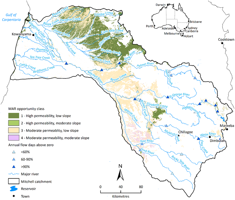 A map of the Mitchell catchment in Queensland showing opportunities for Managed Aquifer Recharge