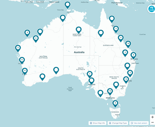 Map of Australia showing pins dropped where there are hydrogen projects